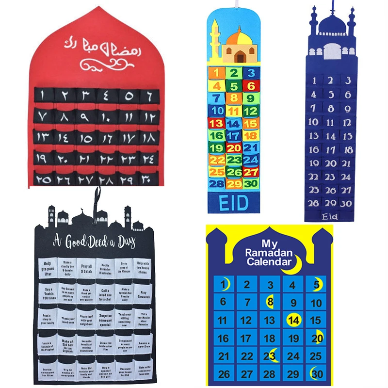 

2022 Eid Mubarak 30days Advent Calendar Ramadan Kareem Hanging Felt Countdown Calendar with Pocket Ramadan Decoration 10 Kinds