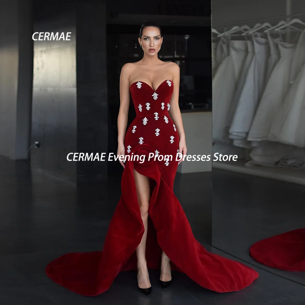

CERMAE Satin Mermaid Strapless Popular Sequins Ruffle Prom Gown Floor-Length Evening Formal Elegant Party Dress for Women 2023