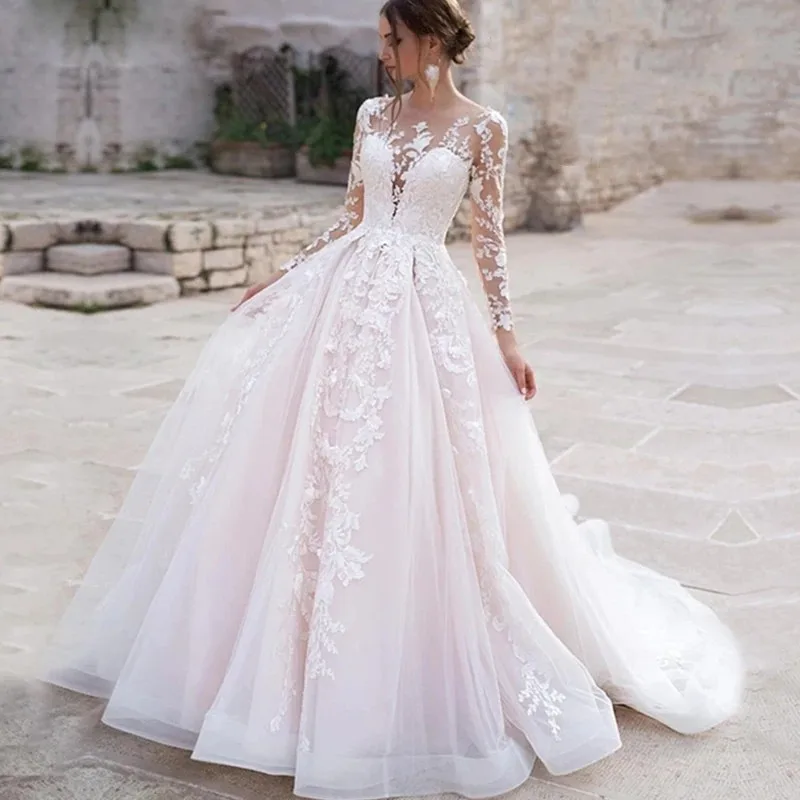 

Long Sleeves Pink Wedding Dress Ball Gown Lace Appliques O-Neck Button Royal Train Bride Gowns Vestido De Novia Princess C2530