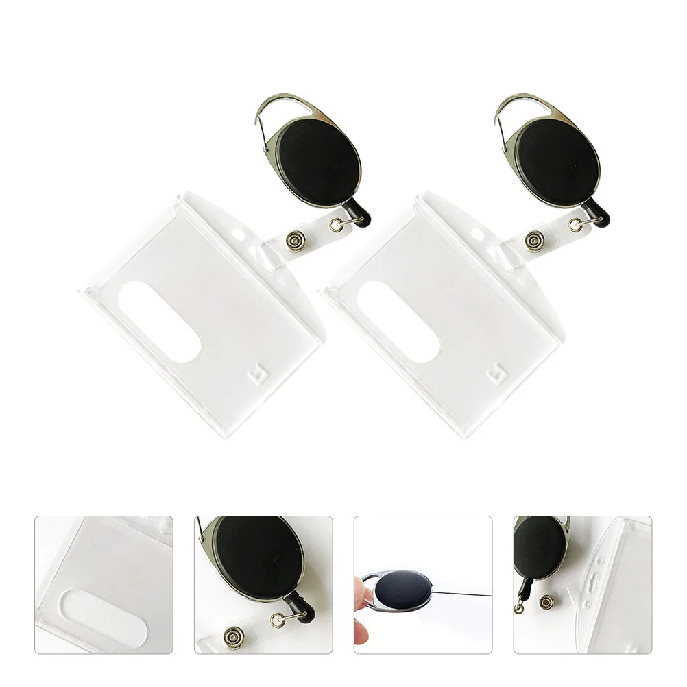 

2Pcs ID Durable Cover Holder Cards ID Badge Holder with Retractable Carabiner For pass