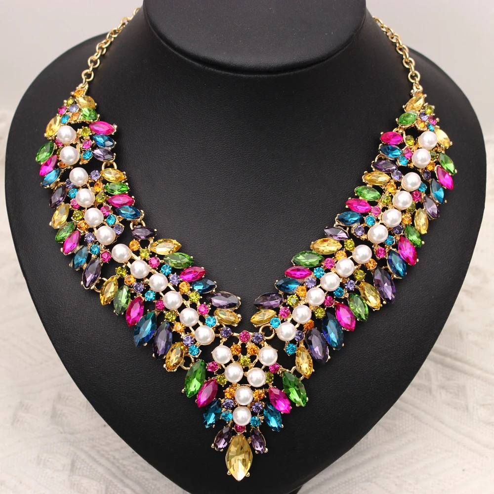 

Luxurious V-shaped Colorful Crystal Bridal Necklaces Women's Wedding Accessories for Brides Bridesmaids Gold Costume Jewelry