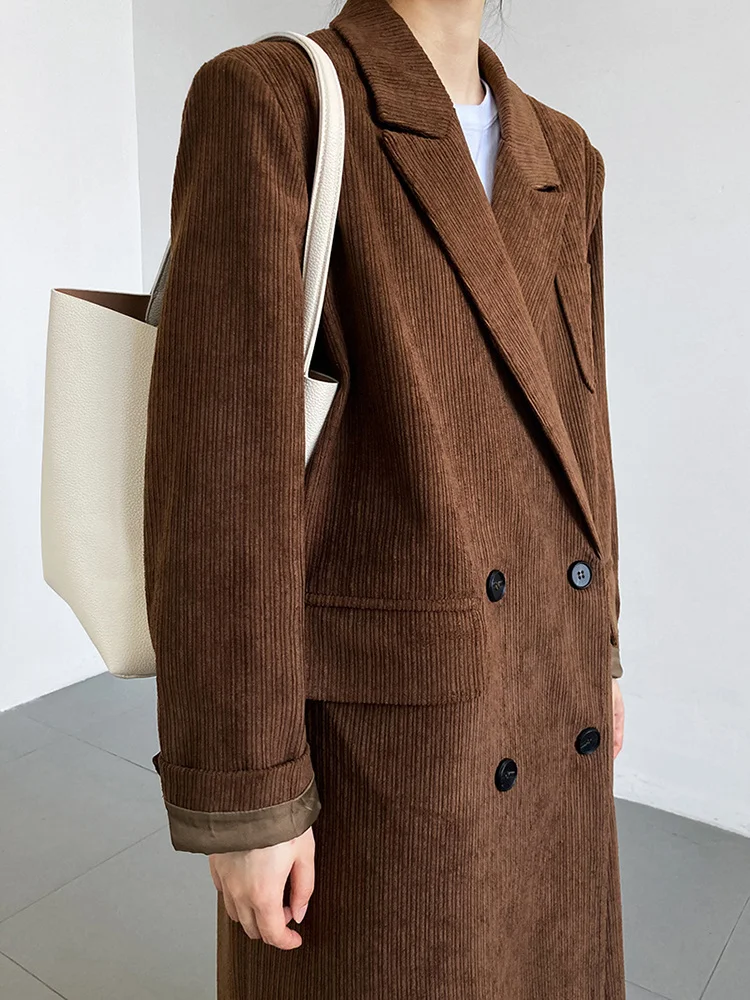 Women Brown Corduroy Big Size Long Thick Blazer New Lapel Long Sleeve Loose Fit Jacket Fashion Spring Autumn 2022  C775