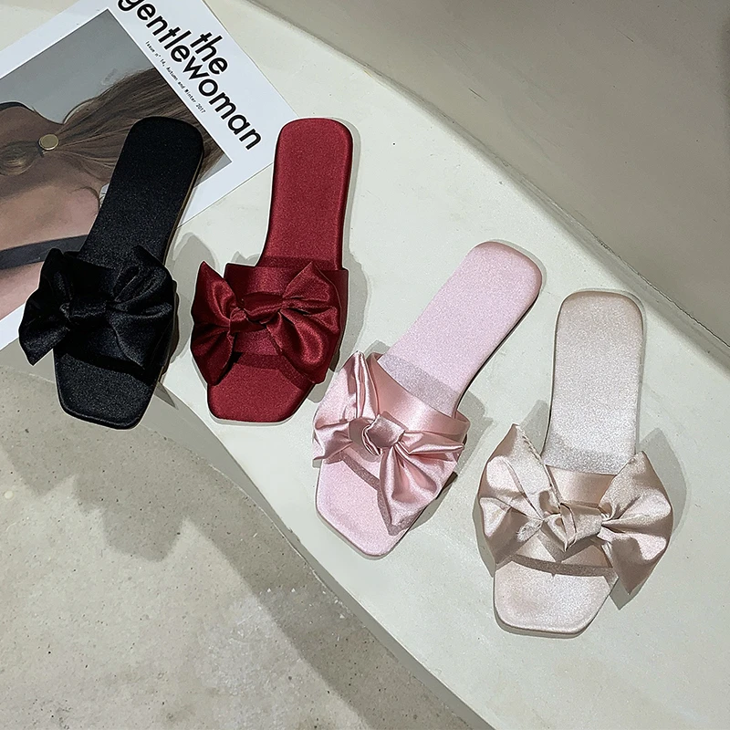 

New Fashion Satins Wedding Slippers Luxury Women Peep Toe Bedroom Home Sandals Bride Bridesmaid Wedding Shoes with Silk Bow T