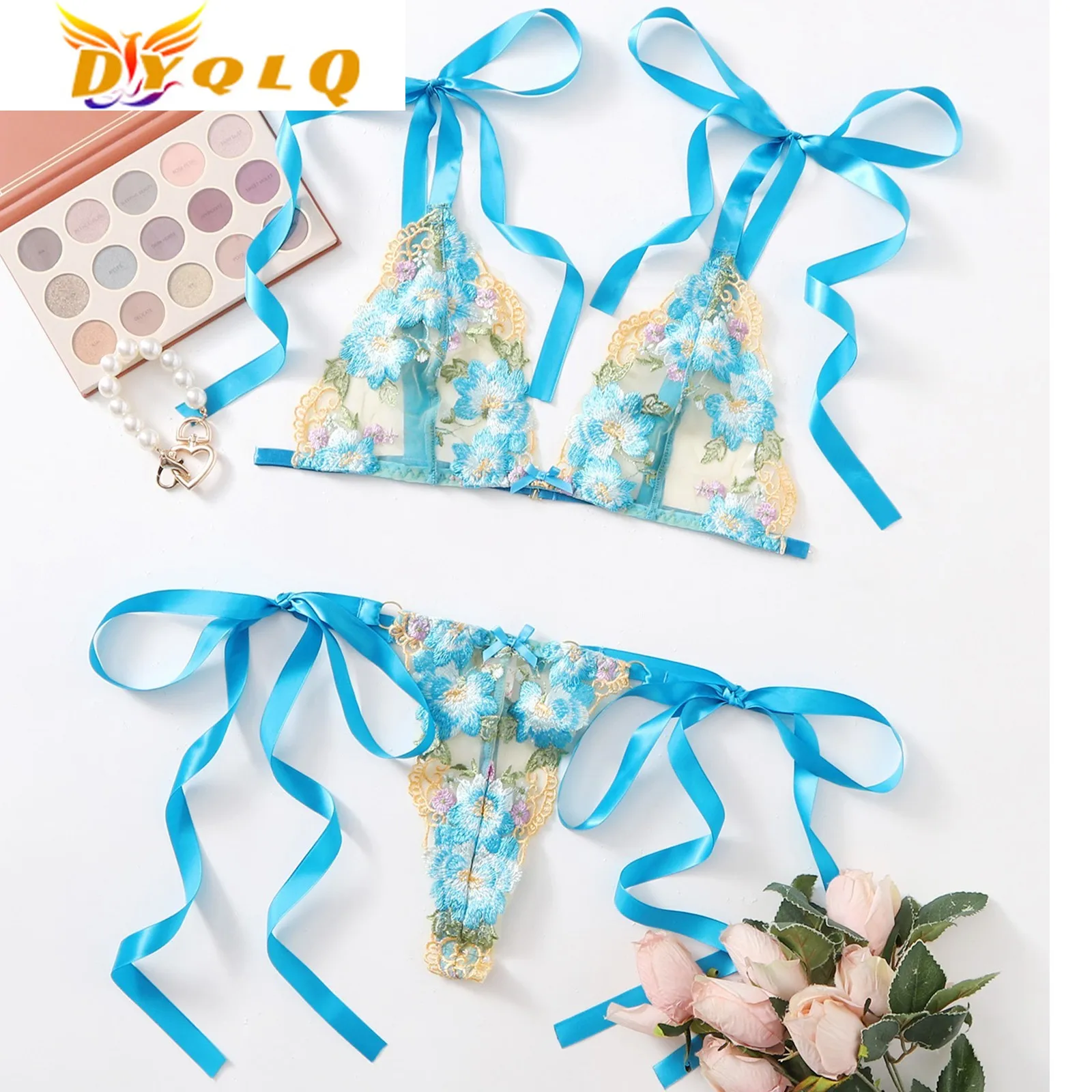

2022Lace Perspective Sexy Lingerie Embroidered Bra Set Bowknot Brief Women Underwear Set Fashion New Sexy Sensual Lingerie Woman