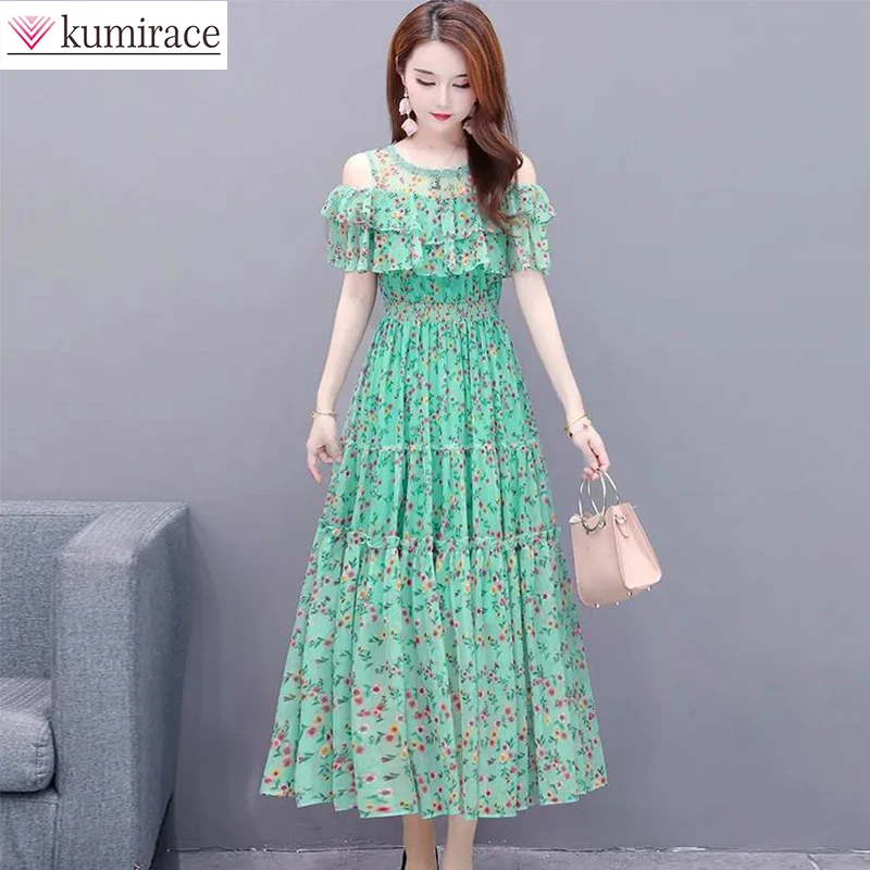 

Mesh Chiffon Dress Women's 2022 Summer Korean Version New Off Shoulder Beach Skirt Elegant Women's Knee Length A-line Skirt