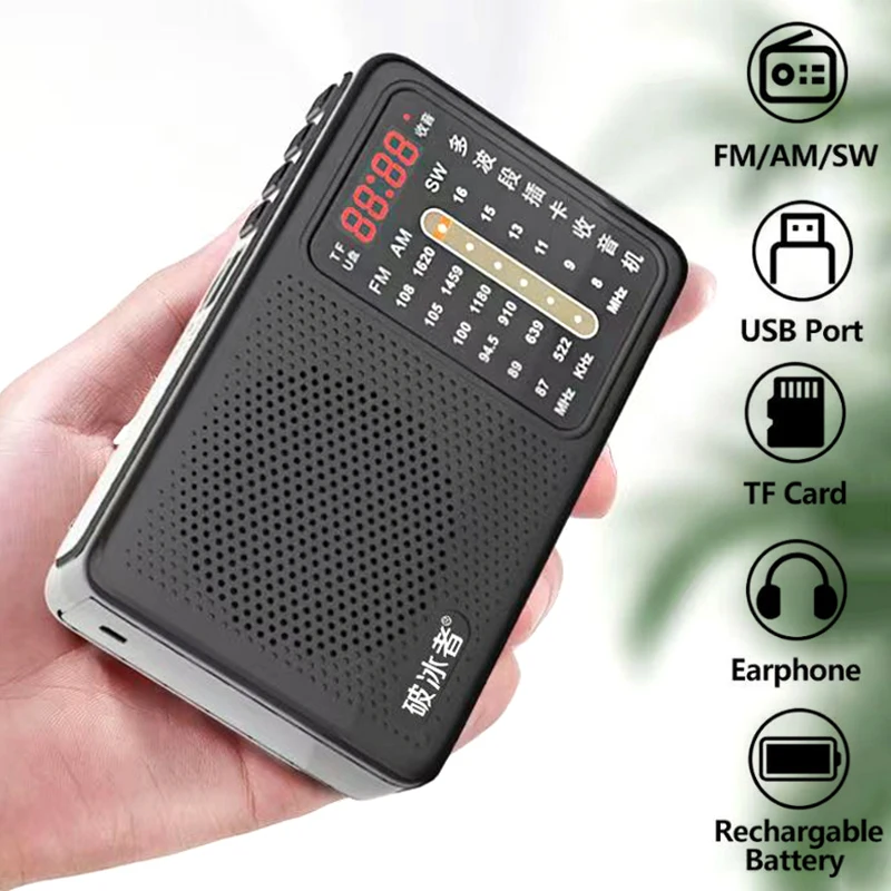 

Portable Multi Band Radio Mini FM/AM/SW Receiver High Sensitivity Radio TF/USB MP3 Player with LED Digital Display/3.5mm Jack