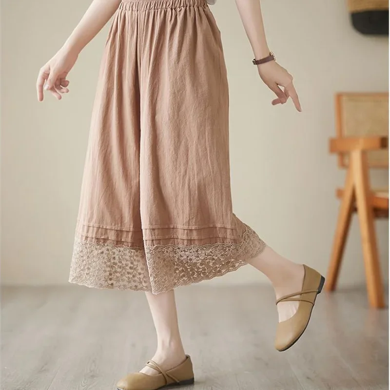 Женская одежда широкие брюки длиной до икры повседневные однотонные летние с