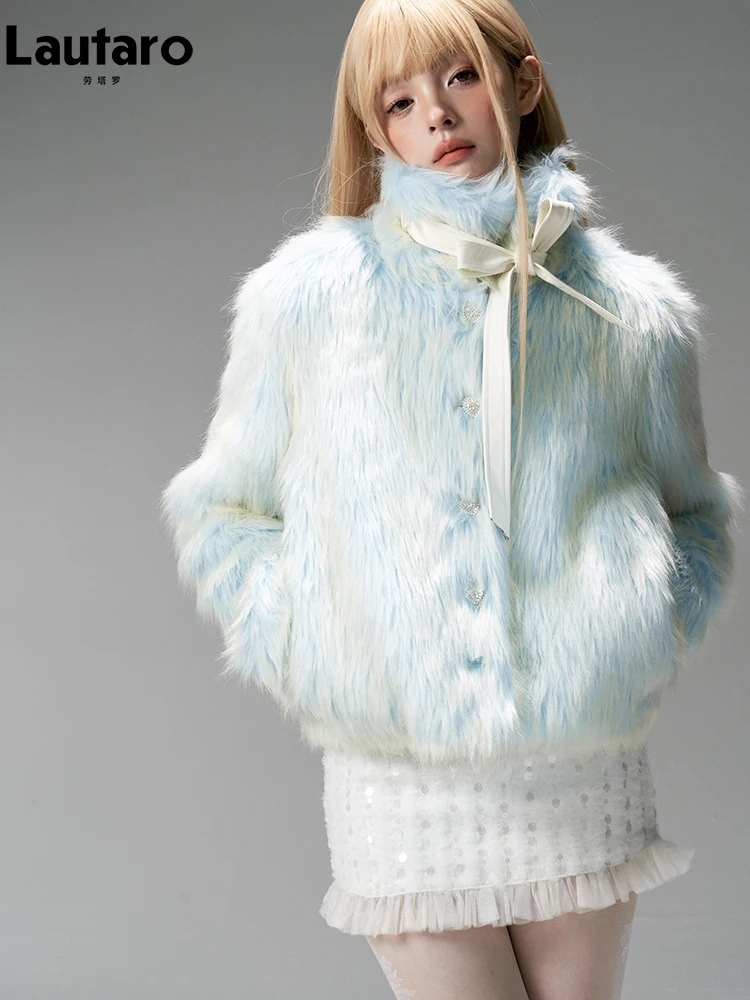 

Lautaro Autumn Winter Sweet Cute Soft Thick Warm Hairy Shaggy Faux Fur Coat Women Luxury Designer Clothes Fluffy Jacket 2023