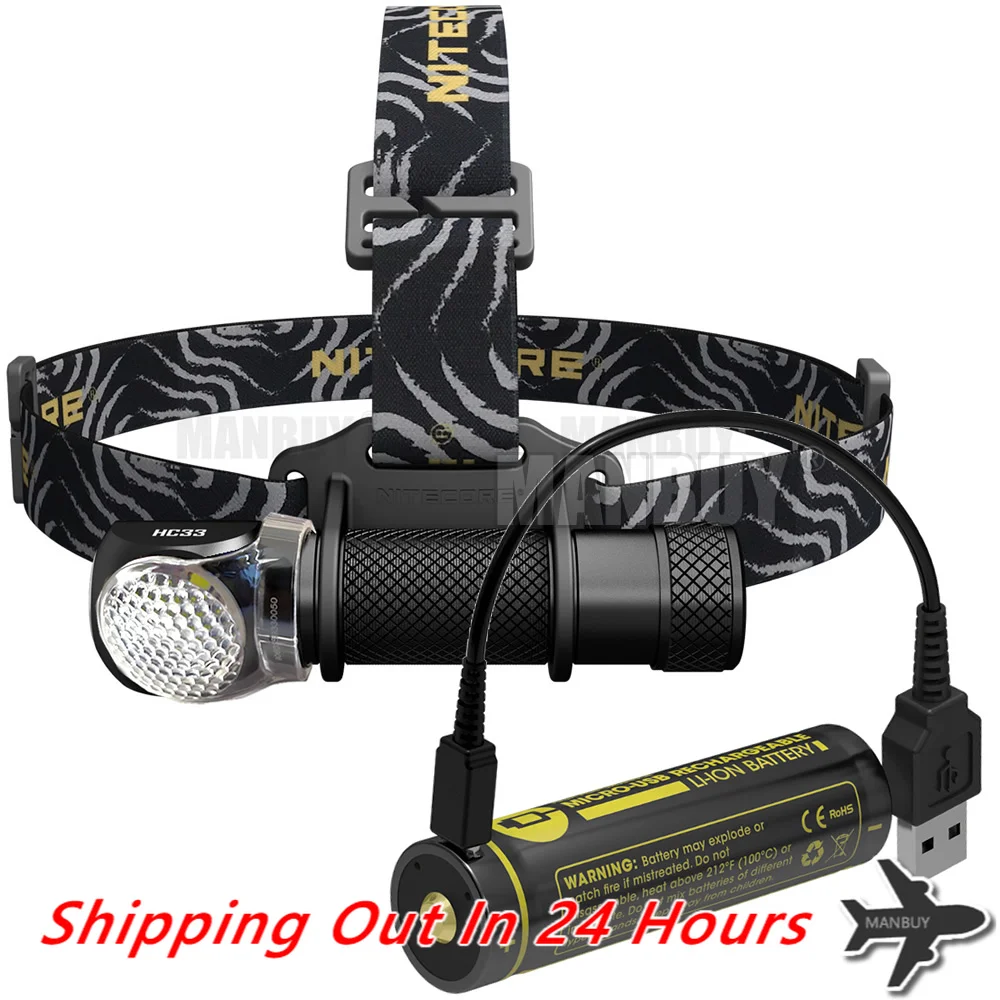 NITECORE 1800 Lumens Headlamp HC33 + 18650 USB Charging Port Battery Waterproof Head Light Outdoor Camping Hunting Search Travel