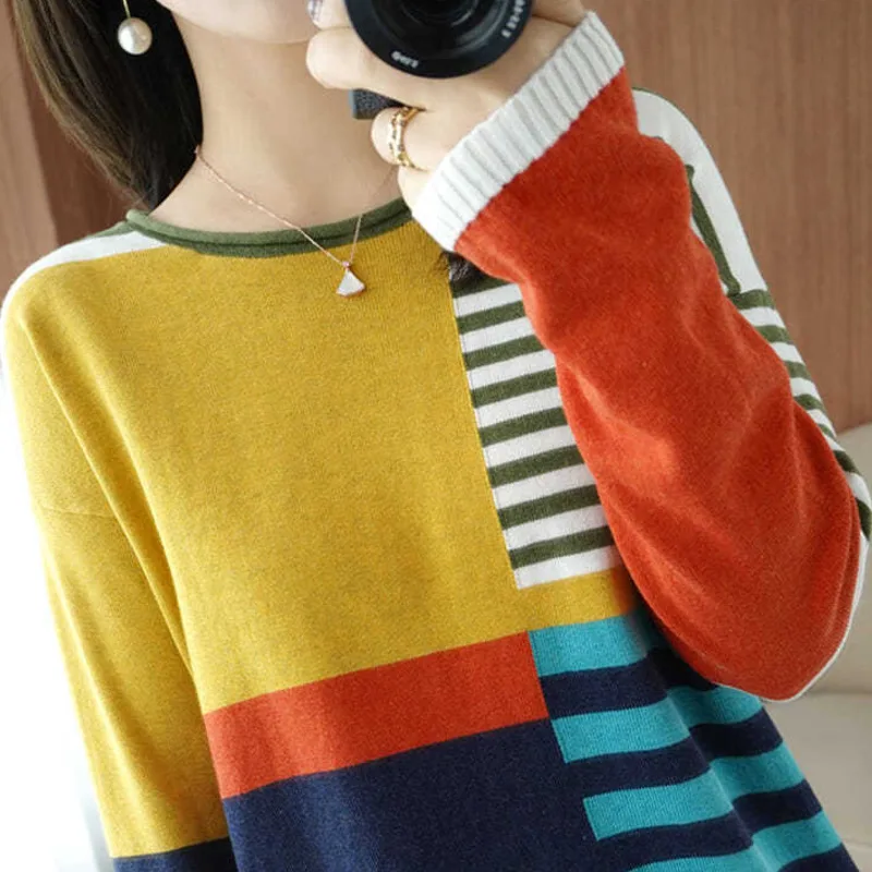 

Striped Patchwork Chic Knitwear Women Spring Autumn Casual Long Sleeve Loose Soft Basic Thin Knitted Sweater Pullover Top Female