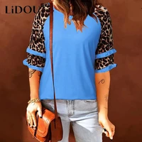 summer fashion casual leopard patchwork flare sleeve t shirt female round neck loose tops women street style harajuku y2k tees