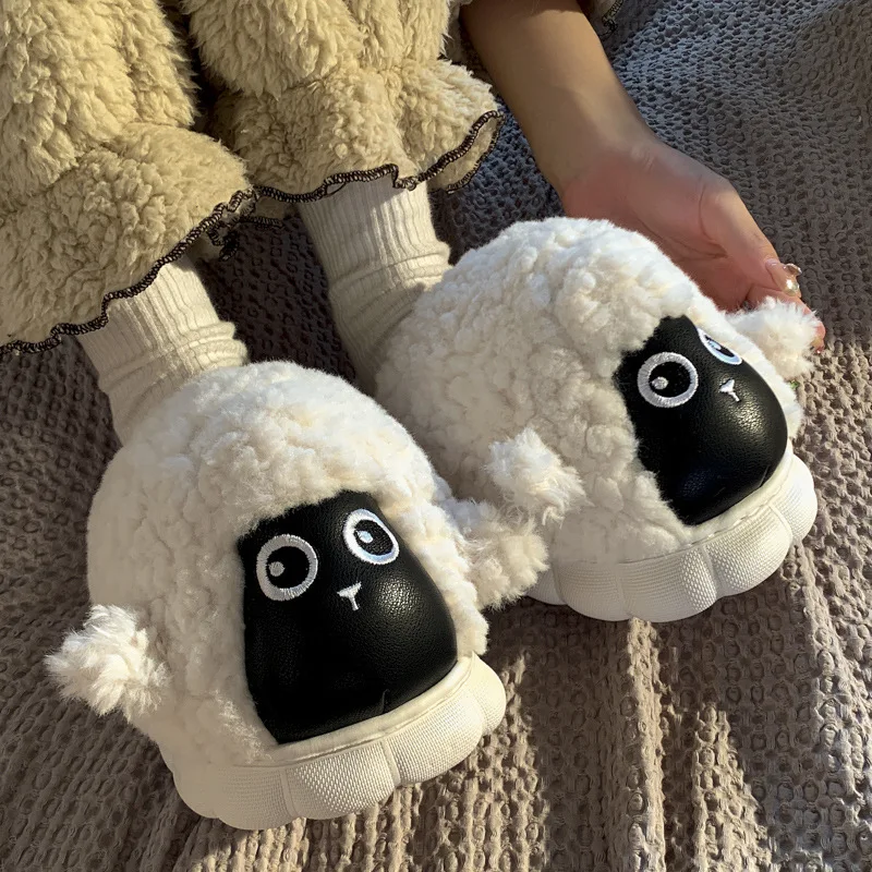 

Autumn Winter New Lamb Cartoon Plush Cotton Slippers Thick Sole Plus Velvet Warm Home Shoes Cute Anime Cotton Shoes Girly Gift