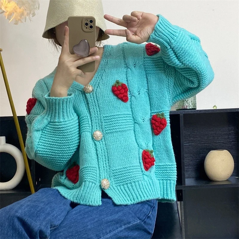 

WDMSNA Crochet Strawberry Sweater Women Long Sleeve Knitted Cardigans Lantern Sleeve Single Breasted V-Neck Cardigan Women