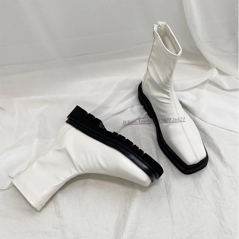 Fashion Versatile Solid Color Flat Ankle Boots Back Zipper Square Toe Multicolor Boots for Women