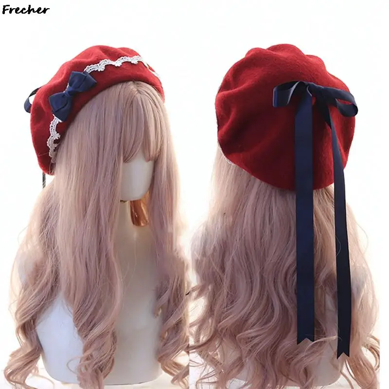 

Японские милые береты, шапки-бини в стиле "Лолита", шапки для женщин, зимняя шапка художника, милые шерстяные головные уборы для девочек, мила...