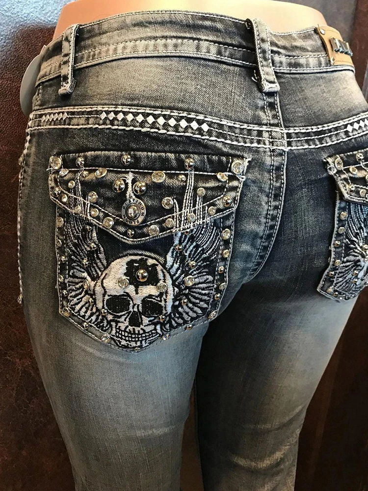 

Джинсы Sifreyr Y2K винтажные с высокой талией, модные стирающиеся прямые брюки со скелетом, удобные эластичные штаны в стиле панк, большие размер...