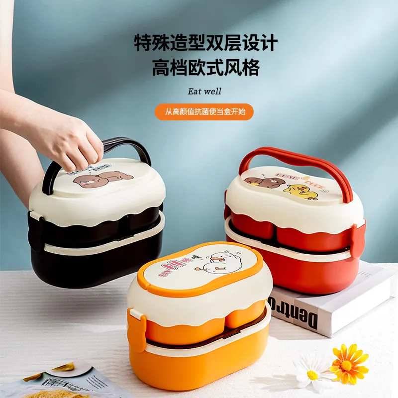

1600ml 3 Cellulars Cartoon Food Bento Box Double Compartments Students Canteen Portable Large Capacity Microwave Lunch Box