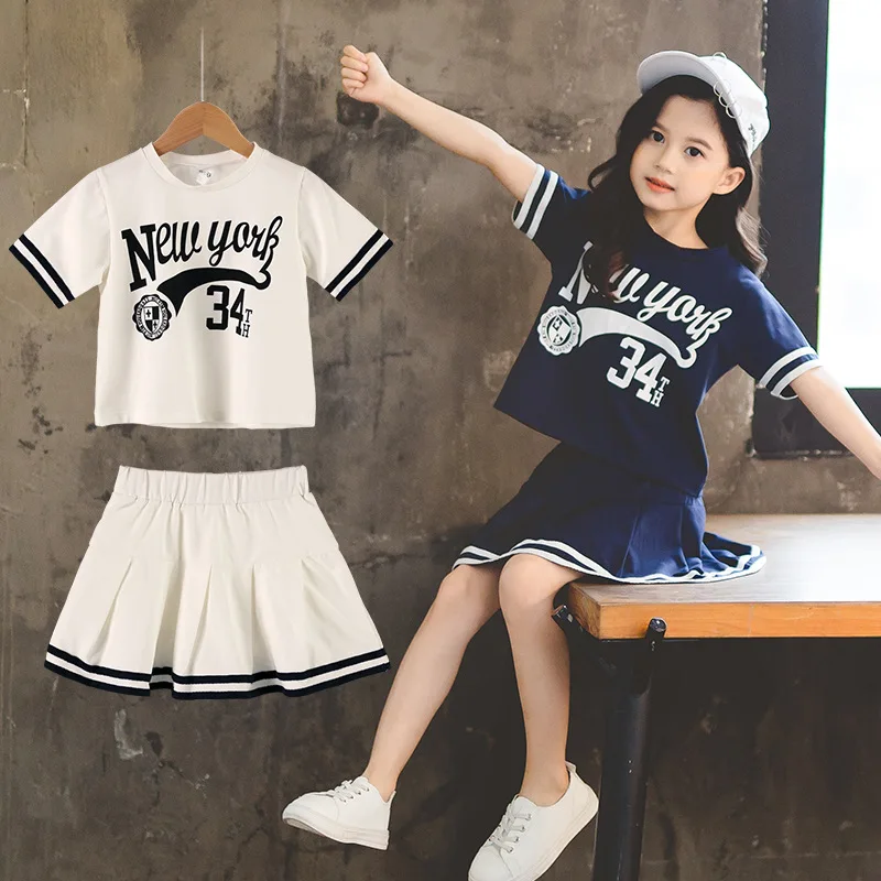 

Baby Short-sleeved+a-line 2pcs Skirt Girls Jk Tracksuits Clothing Uniform College Style Suit Clothes 2023 Summer Set Children