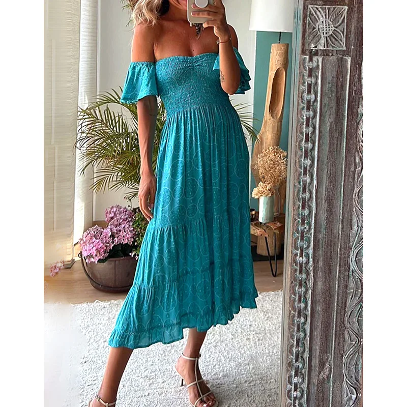 

Женское ажурное длинное платье без бретелек, весеннее Плиссированное длинное платье с цветочным принтом, новое летнее пляжное платье с открытыми плечами