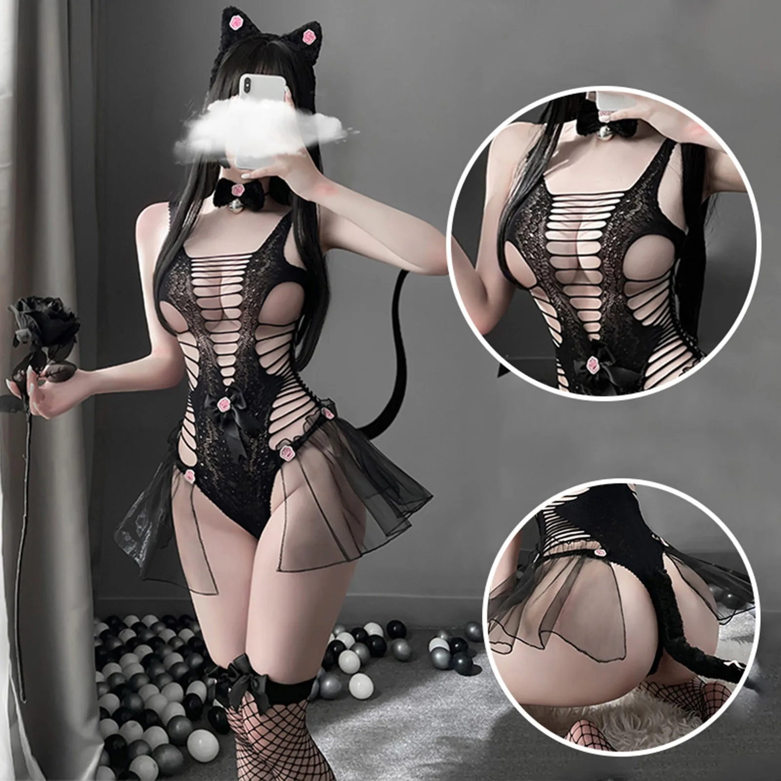

Sexy Women Lingerie Cute Cat Cosplay Hollow Out Babydoll Underwear Tail Bell Headband Sleepwear Jumpsuit Suit Dress