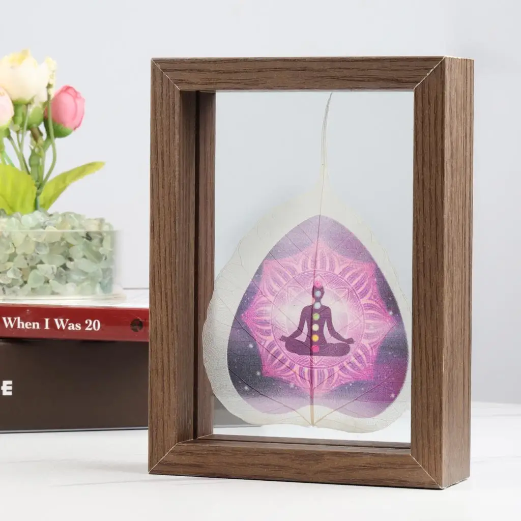 Reiki Healing 7 Chakra Art Printed Pressed Leaf Display Frame Double Glass Wooden Floating Frame Decoration Nordic Home Ornament