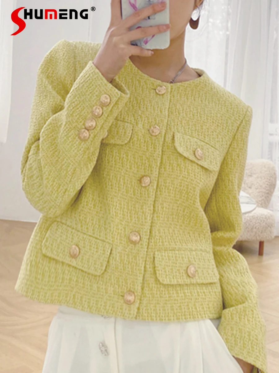 

French Style Tweed Woven Short Coat for Women 2022 New Autumn Yellow Single-Breasted Round Neck Long Sleeve Woven Woolen Jacket