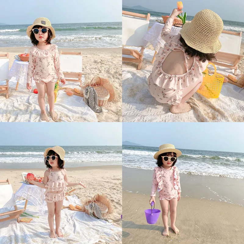 

1-9 Years Summer Baby Girls Sweet Swimsuit Toddler Kids Floral Print Ruffles Swimwear Sister Brother Beachwear Bathing Suit Wear