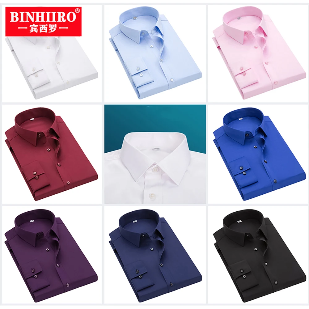 

BINHIIRO Мужская рубашка с длинным рукавом, тонкая деловая рубашка, однотонная Повседневная модная рубашка, Весенняя Классическая рубашка высокого качества