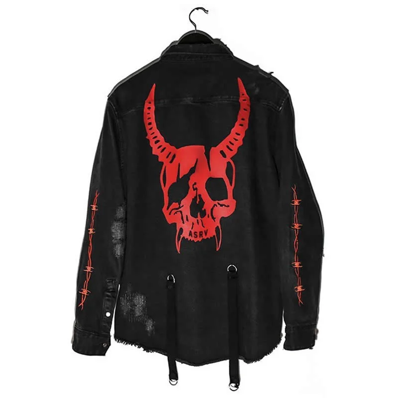 

Korean Streetwear Denim Jackets Coat Harajuku Vintage Jeans Coats Gothic Embroidery Demon Hunter Skull Alt Clothes