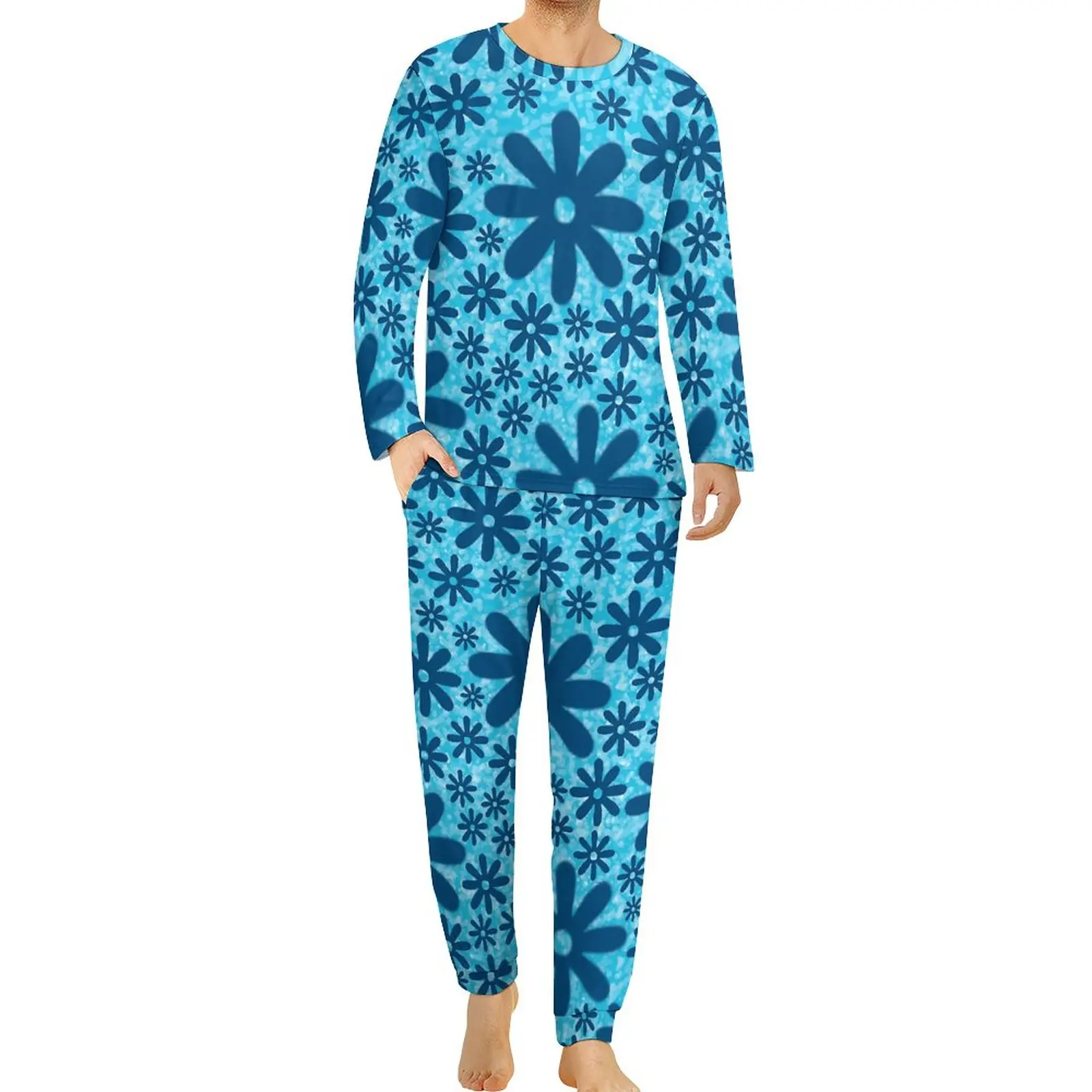 

Пижама с принтом синих маргариток, зимняя Милая пижама из 2 предметов в стиле ретро с цветами, Мужская Ночная сорочка с длинным рукавом и ночным дизайном, большого размера