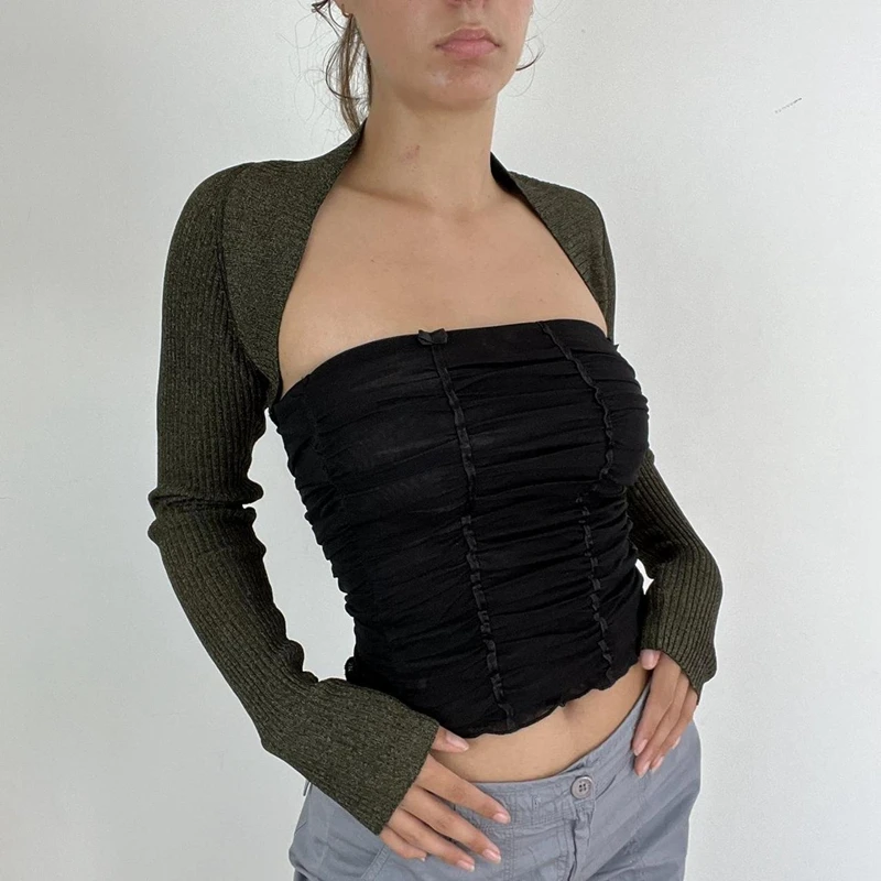 

Vintage Y2k Knitting Cardigan Women Super-short Shrug Smock Tops Autumn Spring Long Sleeve Slim Fit Cover-ups Tops Streetwear