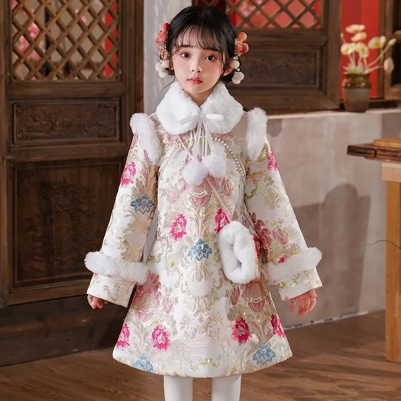 Новое зимнее плотное платье Ципао Ханфу для девочек детское Cheongsam с вышивкой