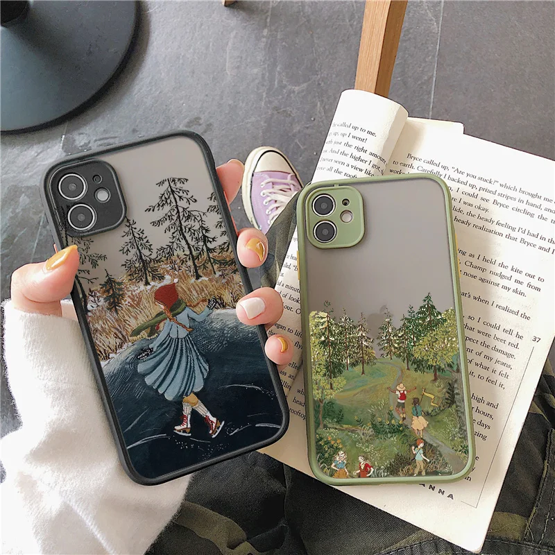 

Cartoon Oil Painting Travel Landscape Phone Case for iPhone 11 12 13 Pro Max X XR XS 7 8 Plus SE22 Hard Shockproof Phone Case