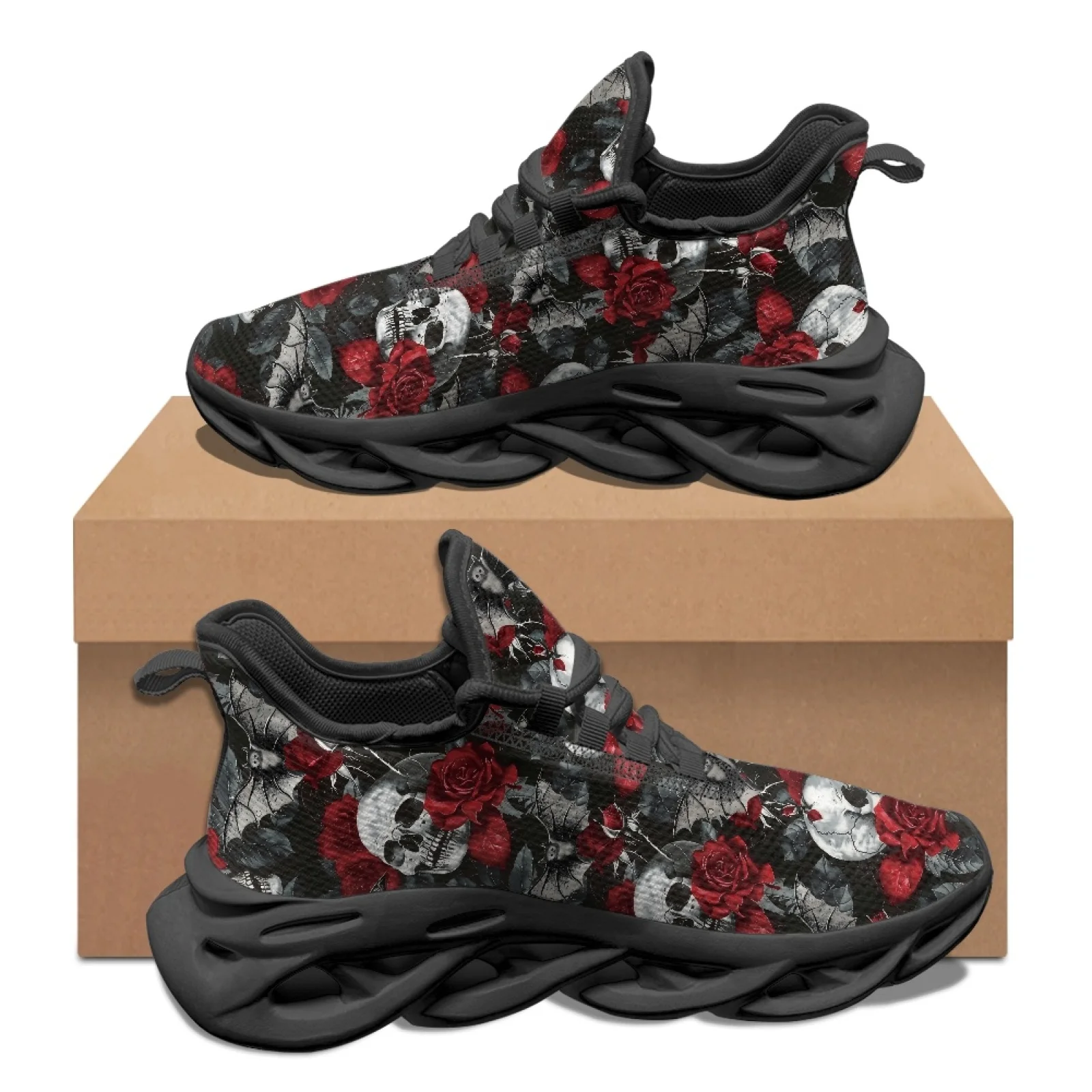 Фото PENSTROLL Кроссовки с принтом черепа, роз и летучих мышей, дышащие, модные, для спорта, из сетки и EVA, для тенниса и бега, мужские кроссовки для бега. №1