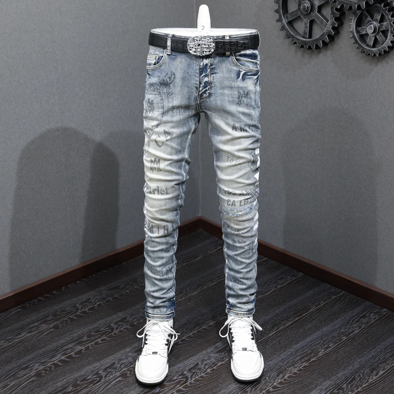 

High Street Fashion Men Jeans Retro Blue Elastic Stretch Skinny Fit Ripped Jeans Men Printed Designer Hip Hop Brand Pants Hombre