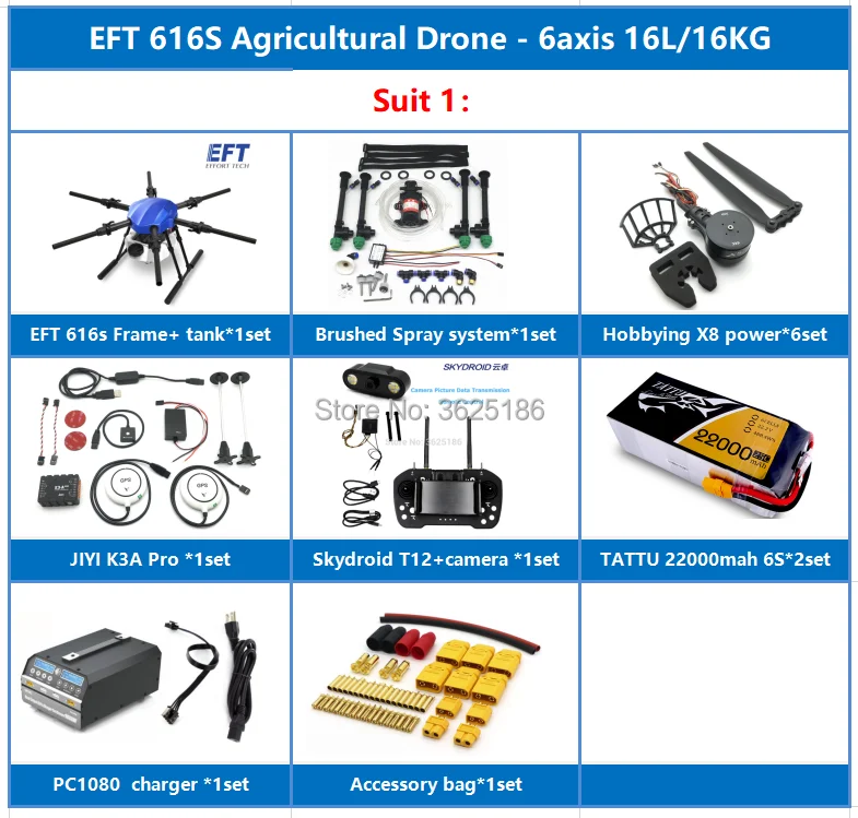 

EFT E616S 6-axis 16KG Pesticide spraying system Agricultural drone+JIYI K3A Pro+Skydroid T12+TATTU 22000mah 6S +X8 power+PC1080