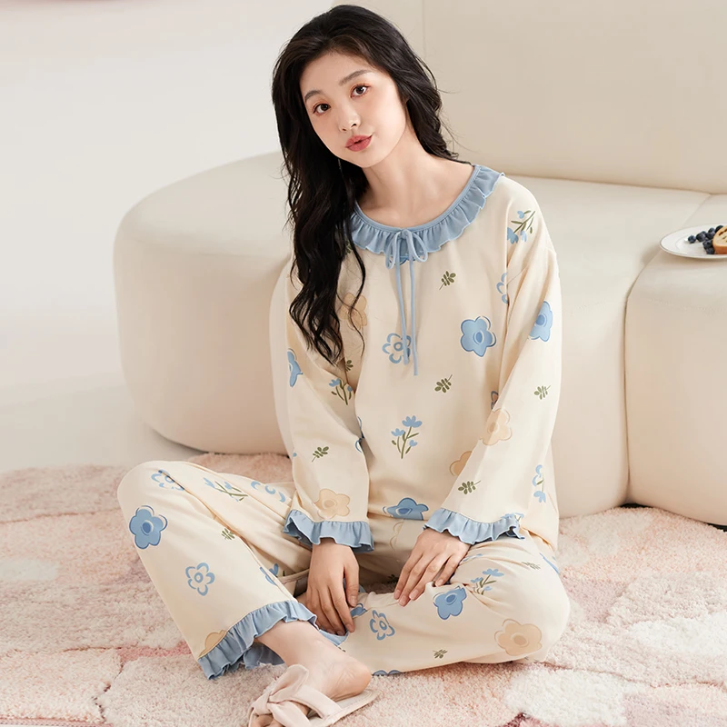 Пижамный комплект женский с длинным рукавом одежда для сна синими цветами милые