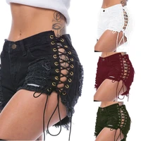 sexy summer women denim shorts 2022 new black white high waist ripped short jeans femme tassel lace up bandage hot pants