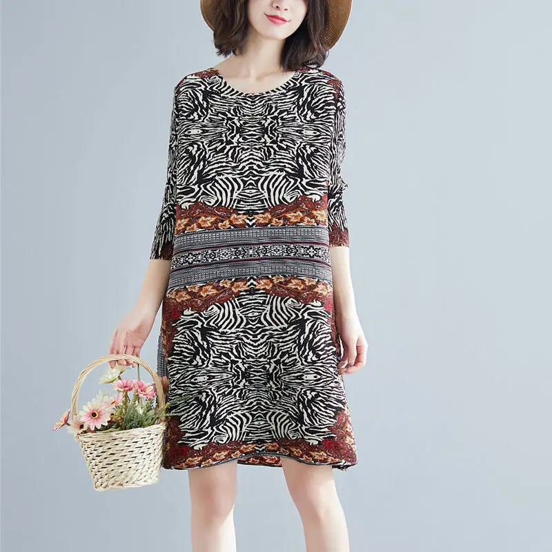 Leopard print pleated dress spring and summer 2023 European and American o neck casual medium length A-line skirt female tops