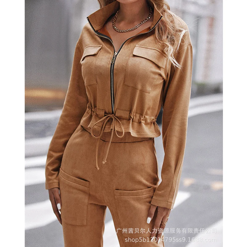 

Mandylandy Women Tracksuit Sport Zipper Pocket Drawstring Crop Top Shirt + High Waist Skinny Pencil Pants Two Piece Set Outfits