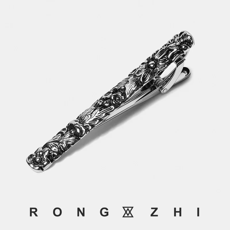 Фото Rongzhi Flower of Glory Ретро-узор Античный стиль Трехмерный тисненый цветочный мужской деловой зажим для галстука №1