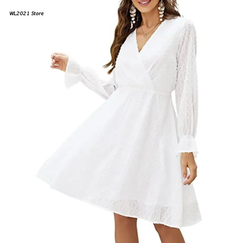 

Women Bell Long Sleeve Dot Chiffon Wrap V-Neck Swing A-Line Mini Dress