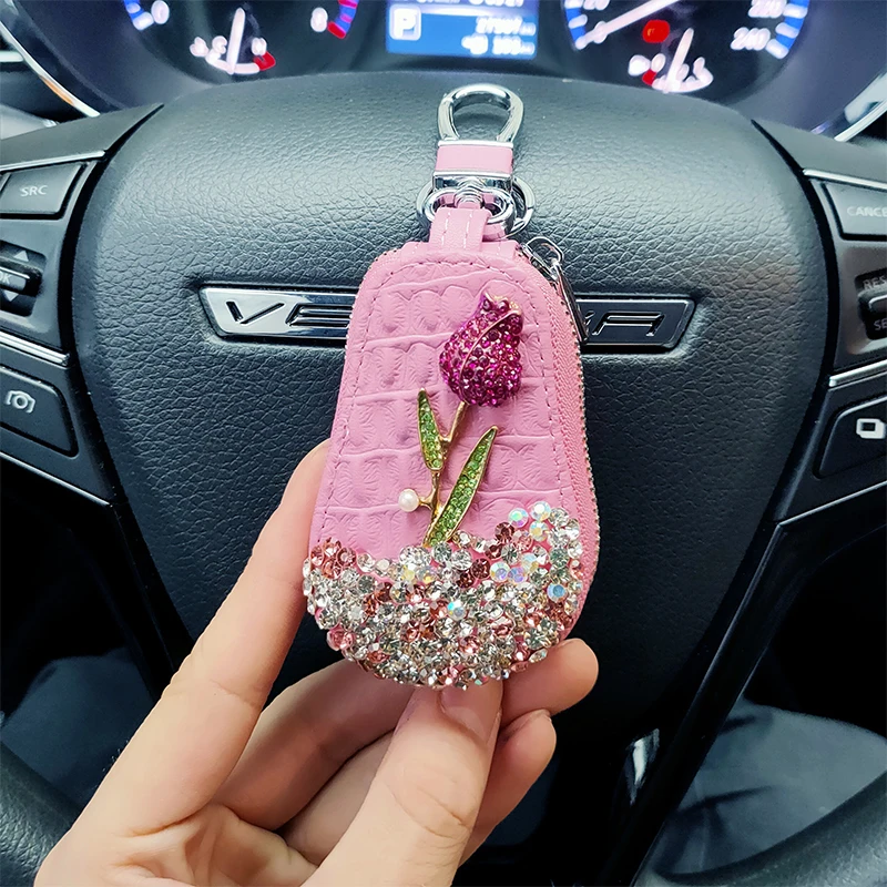 

1 Pcs Flower Car Key Holder Storage Case Crystal Diamond for BMW For Audi Keys Cover Fob Remote Bag Shell Keychains Accessories