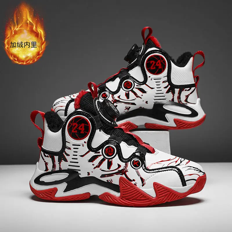 

High Top Boys' Basketball Shoes Winter Plush Thermal Shoes Friction Sound Durable Non slip Children's Sports Shoes
