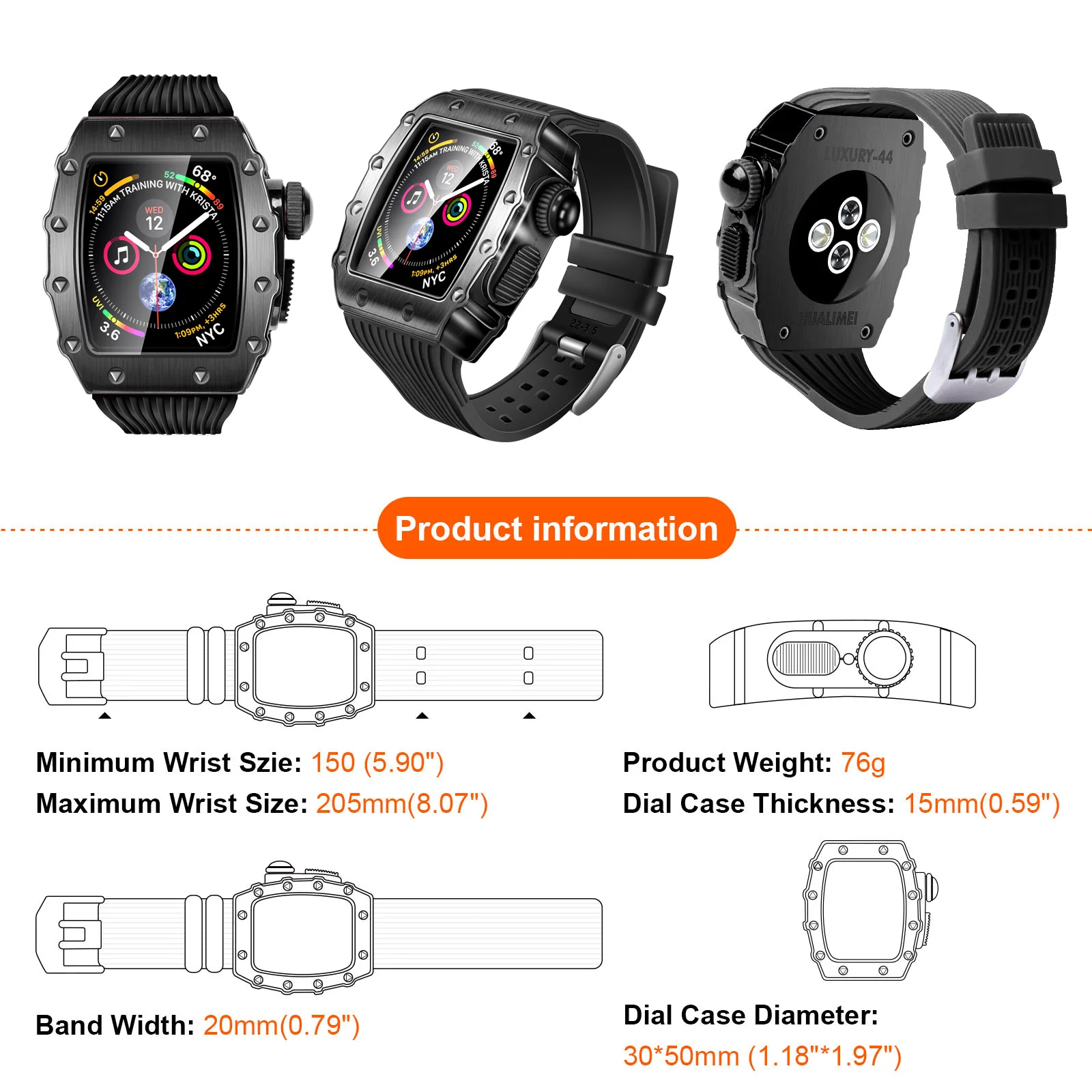 44mm Luxury Case Alloy Bezel for Apple Watch 8 Mod Kit 45MM 41MM for IWatch Series 8 7 SE 6 5 4 Rubber Strap Metal Modification