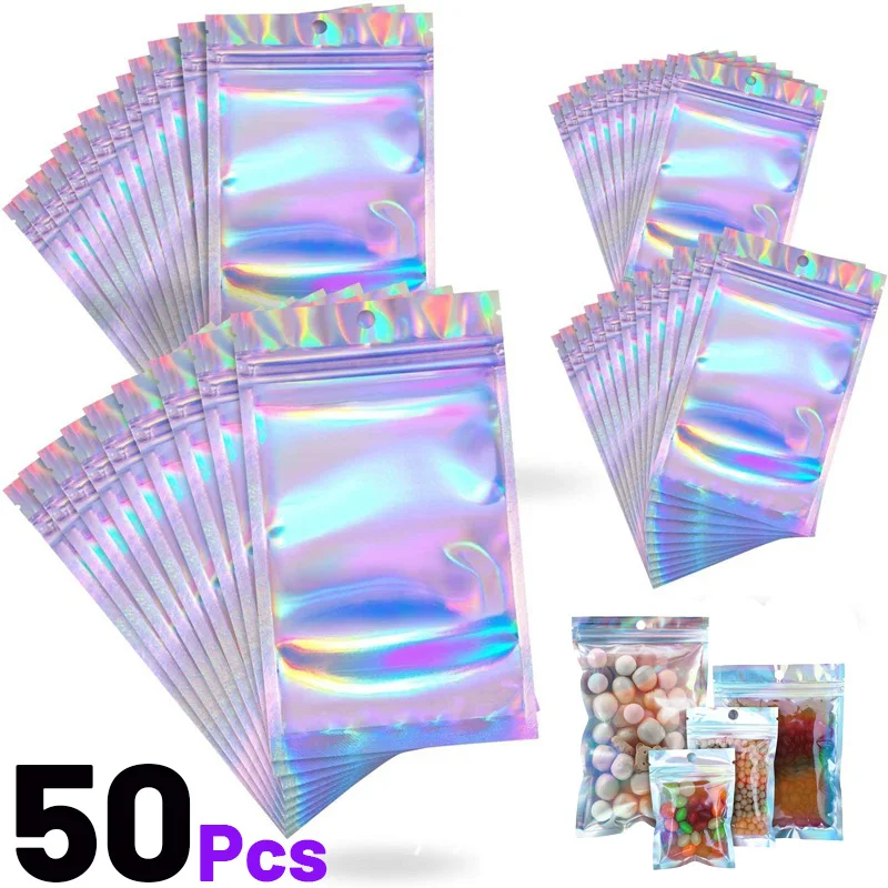 50Pcs Self-Sealing Laser Small Plastic Bags for Jewelry Pouch with Clear Display Window Jewelry Packaging Gift Storage Bag