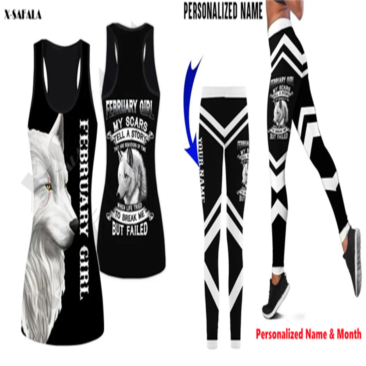 

Wolf Was Born in February Girl 3D Double-Sided Print Women Yoga Set Hollow Out Tank Top Leggings Outfit Middle Waist Stretchy