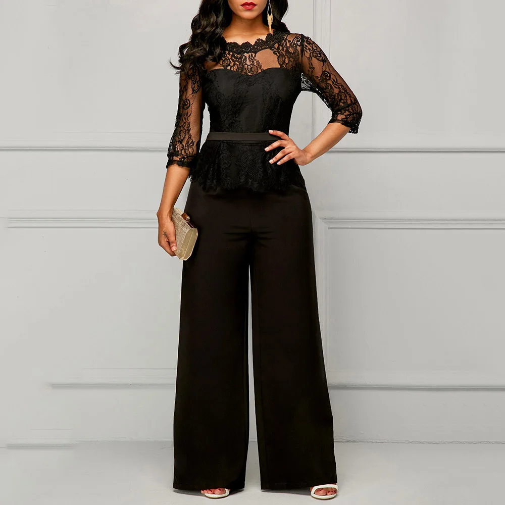 

Office Lady Lace Jumpsuit Thin Straight Fashion Summer Women Sexy Elegant High Street Chic Stylish Slim Jumpsuits Black Party