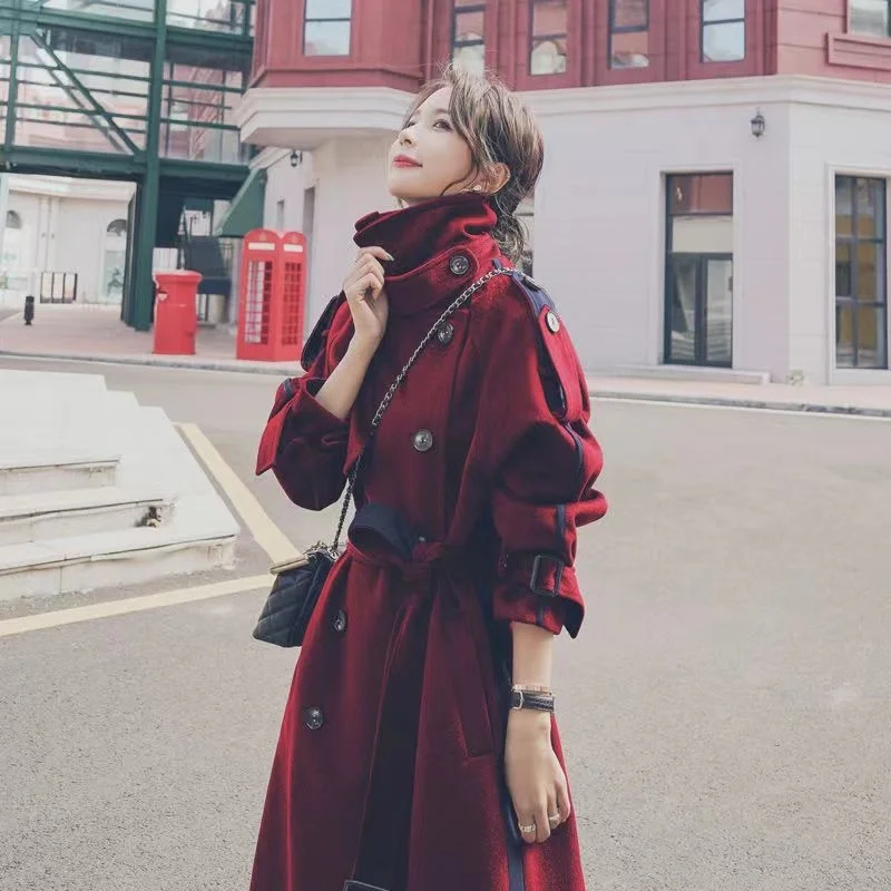 2022 autumn and winter new Korean version loose mid-length fashion temperament all-match thin lace-up thick woolen coat women