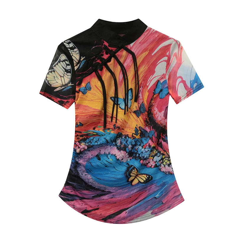 Новинка 2024 женская футболка в китайском стиле летняя с принтом виде природного